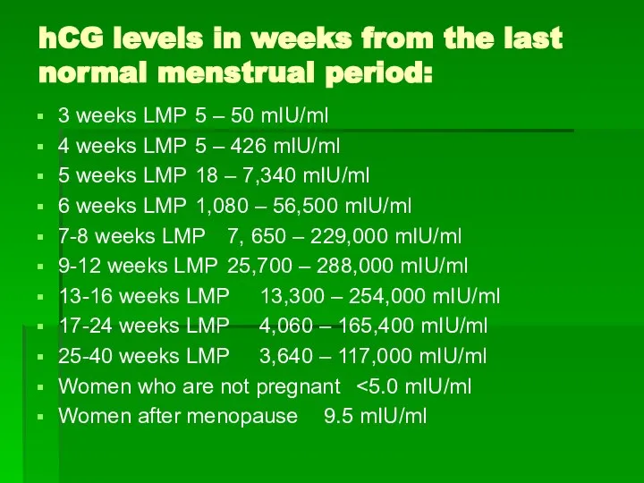 hCG levels in weeks from the last normal menstrual period: 3