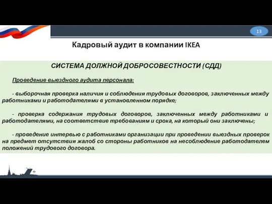 13 Кадровый аудит в компании IKEA СИСТЕМА ДОЛЖНОЙ ДОБРОСОВЕСТНОСТИ (СДД) Проведение