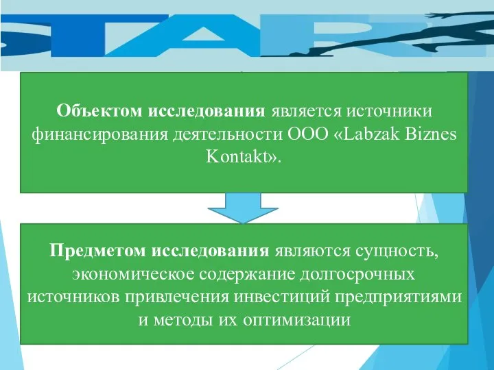 Объектом исследования является источники финансирования деятельности ООО «Labzak Biznes Kontakt». Предметом