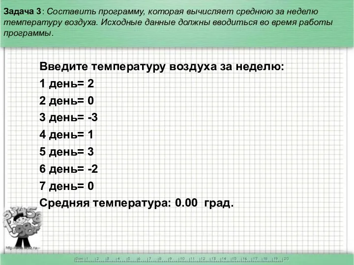 Введите температуру воздуха за неделю: 1 день= 2 2 день= 0