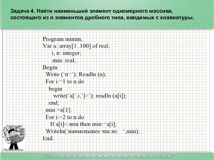 Задача 4. Найти наименьший элемент одномерного массива, состоящего из n элементов дробного типа, вводимых с клавиатуры.