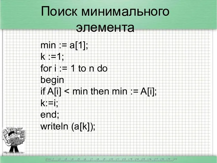 Поиск минимального элемента min := a[1]; k :=1; for i :=