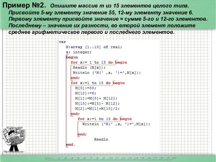 Пример №2. Опишите массив m из 15 элементов целого типа. Присвойте