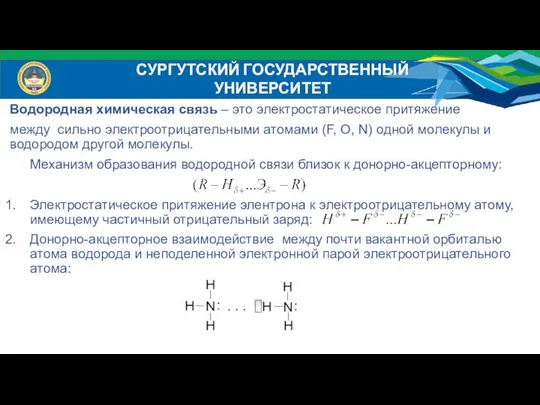 СУРГУТСКИЙ ГОСУДАРСТВЕННЫЙ УНИВЕРСИТЕТ Водородная химическая связь – это электростатическое притяжение между