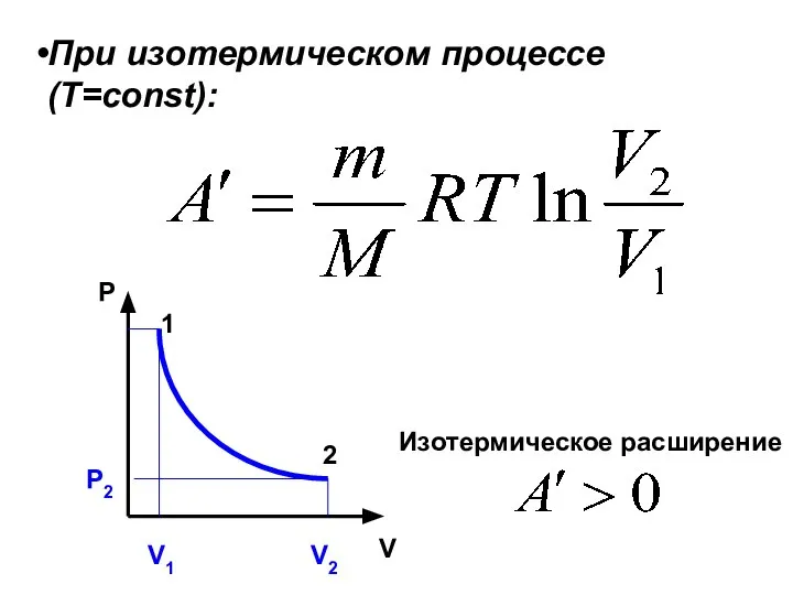 При изотермическом процессе (Т=const): P V Изотермическое расширение Р2 1 2 V1 V2