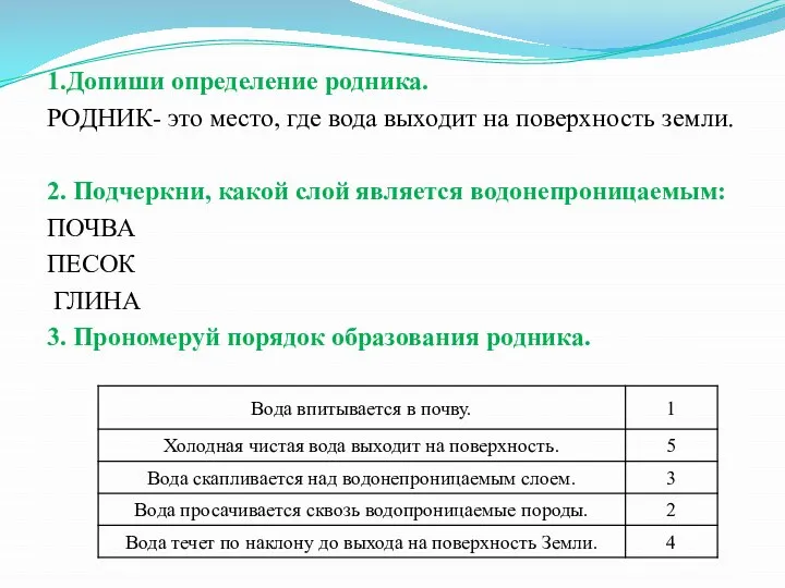 1.Допиши определение родника. РОДНИК- это место, где вода выходит на поверхность