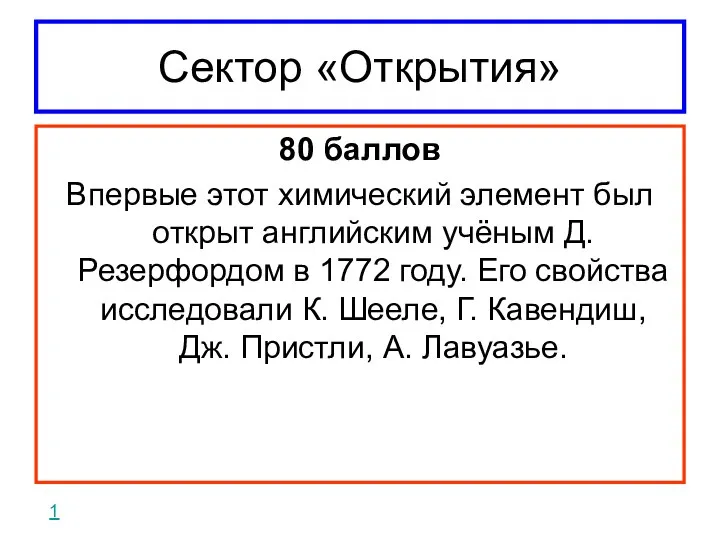 Сектор «Открытия» 80 баллов Впервые этот химический элемент был открыт английским