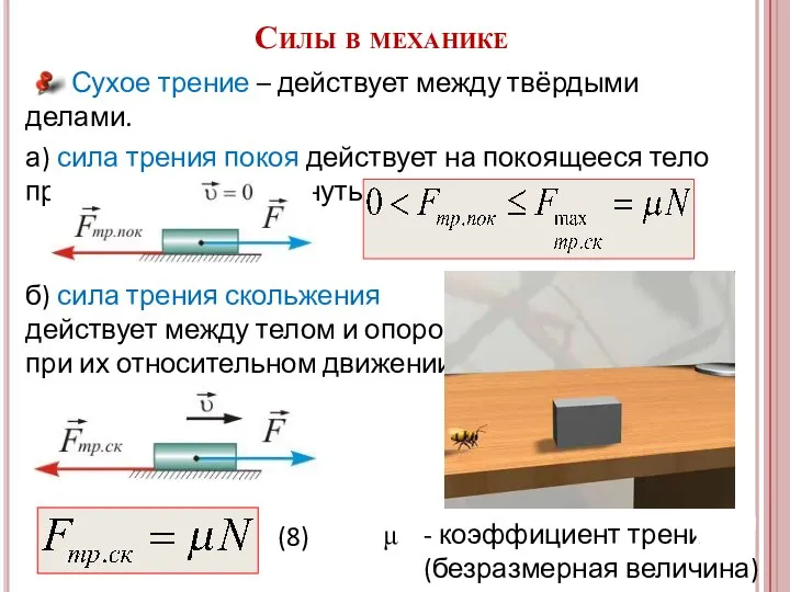 Сухое трение – действует между твёрдыми делами. а) сила трения покоя