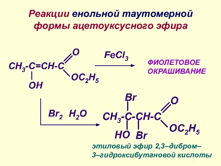 Реакции енольной таутомерной формы ацетоуксусного эфира ФИОЛЕТОВОЕ ОКРАШИВАНИЕ этиловый эфир 2,3–дибром– 3–гидроксибутановой кислоты