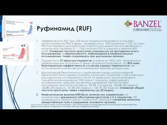 Руфинамид (RUF) Эффективность RUF при LGS была продемонстрирована в плацебо-контролируемом РКИ