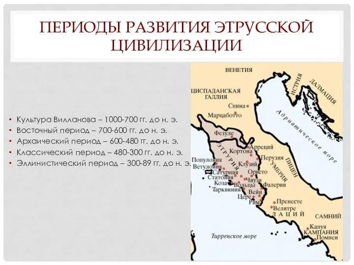 ПЕРИОДЫ РАЗВИТИЯ ЭТРУССКОЙ ЦИВИЛИЗАЦИИ Культура Вилланова – 1000-700 гг. до н.