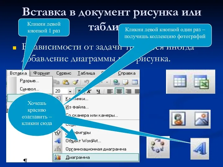 Вставка в документ рисунка или таблицы В зависимости от задачи требуется