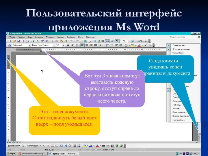 Пользовательский интерфейс приложения Ms Word Это – поля документа. Стоит подвинуть