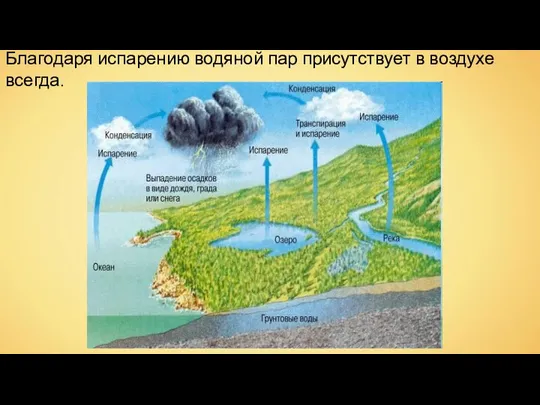 Благодаря испарению водяной пар присутствует в воздухе всегда.