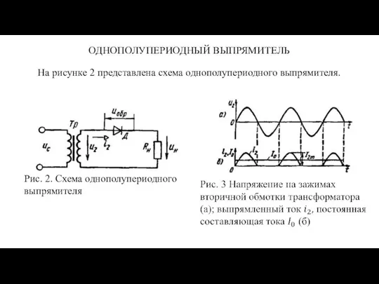 ОДНОПОЛУПЕРИОДНЫЙ ВЫПРЯМИТЕЛЬ На рисунке 2 представлена схема однополупериодного выпрямителя. Рис. 2. Схема однополупериодного выпрямителя