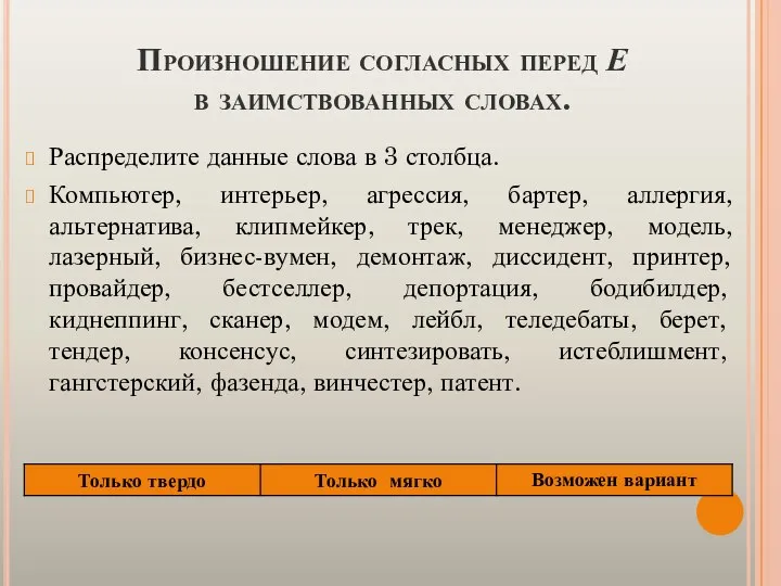 Произношение согласных перед Е в заимствованных словах. Распределите данные слова в