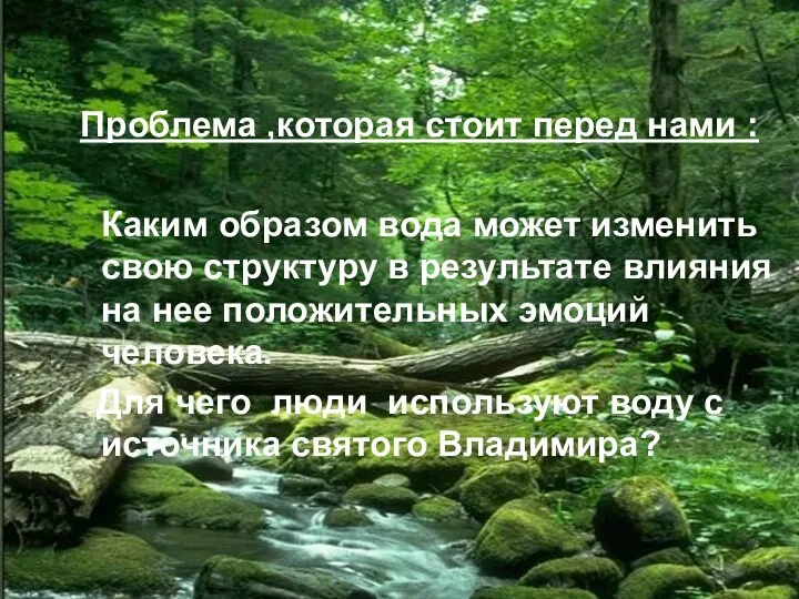 Проблема ,которая стоит перед нами : Каким образом вода может изменить