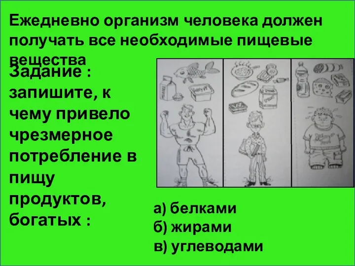 Ежедневно организм человека должен получать все необходимые пищевые вещества Задание :