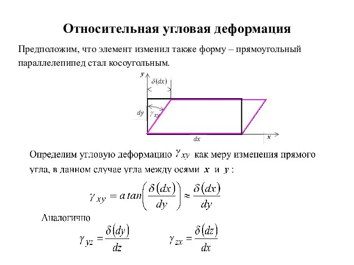 Относительная угловая деформация Предположим, что элемент изменил также форму – прямоугольный параллелепипед стал косоугольным.