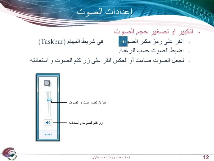 إعدادات الصوت لتكبير او تصغير حجم الصوت انقر على رمز مكبر