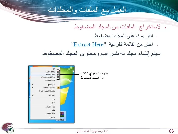 العمل مع الملفات والمجلدات لاستخراج الملفات من المجلد المضغوط انقر يميناً