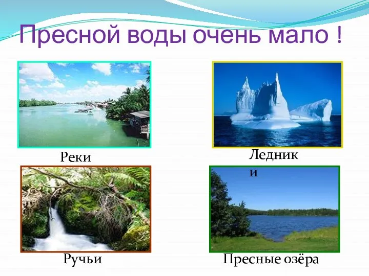 Реки Ледники Ручьи Пресные озёра Пресной воды очень мало !