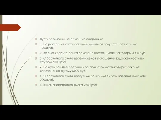 Пусть произошли следующие операции: 1. На расчетный счет поступили деньги от