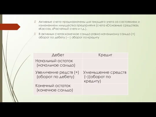 Активные счета предназначены для текущего учета за состоянием и изменением имущества