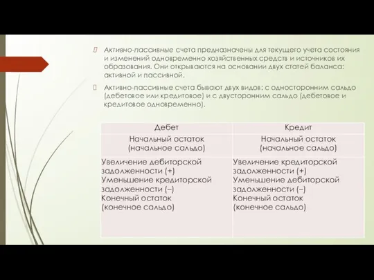 Активно-пассивные счета предназначены для текущего учета состояния и изменений одновременно хозяйственных