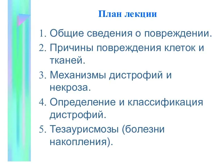 План лекции Общие сведения о повpеждении. Пpичины повpеждения клеток и тканей.