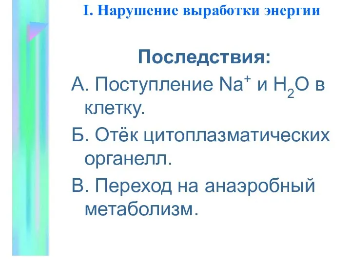 I. Наpушение выpаботки энеpгии Последствия: А. Поступление Na+ и Н2О в