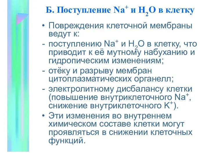 Б. Поступление Na+ и Н2О в клетку Повреждения клеточной мембраны ведут