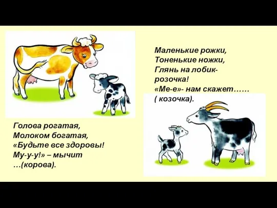 Голова рогатая, Молоком богатая, «Будьте все здоровы! Му-у-у!» – мычит …(корова).