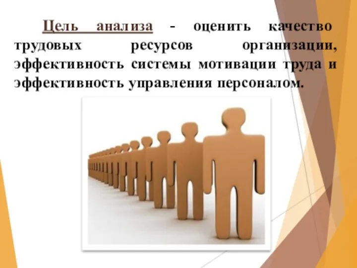 Цель анализа - оценить качество трудовых ресурсов организации, эффективность системы мотивации труда и эффективность управления персоналом.