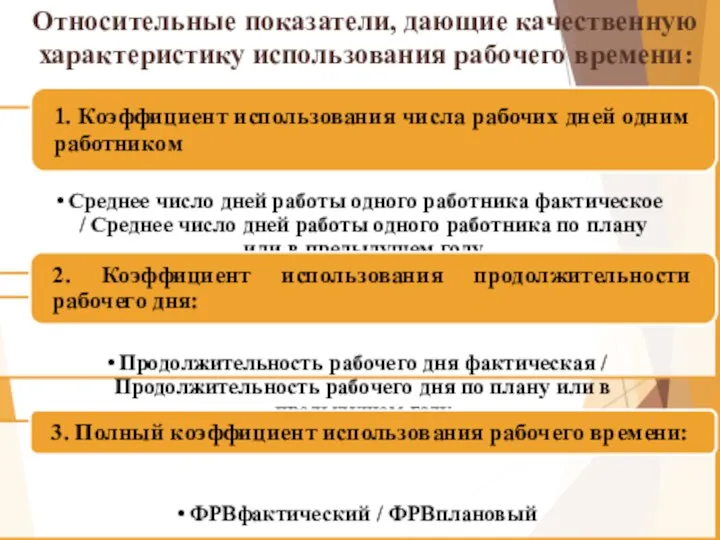 Относительные показатели, дающие качественную характеристику использования рабочего времени: