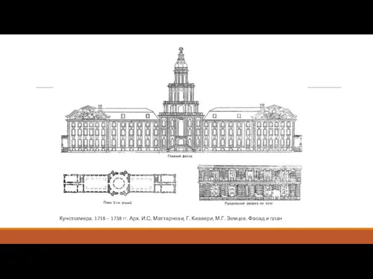 Кунсткамера. 1718 – 1738 гг. Арх. И.С, Маттарнови, Г. Киавери, М.Г. Земцов. Фасад и план