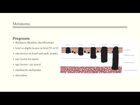 Melanoma Prognosis thickness (Breslow classification) level or depth (worse in level