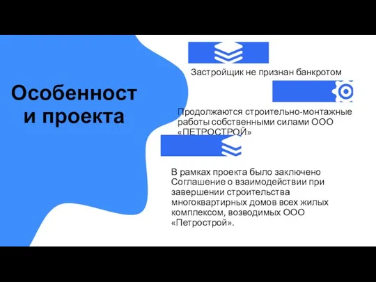 Особенности проекта Застройщик не признан банкротом Продолжаются строительно-монтажные работы собственными силами