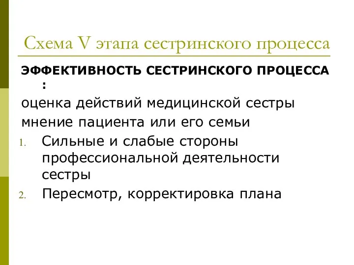 Схема V этапа сестринского процесса ЭФФЕКТИВНОСТЬ СЕСТРИНСКОГО ПРОЦЕССА : оценка действий