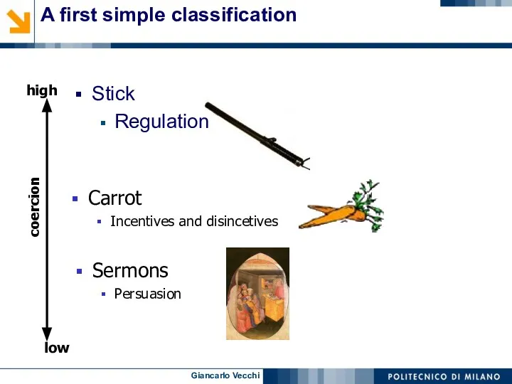 A first simple classification Stick Regulation high low coercion Carrot Incentives and disincetives Sermons Persuasion