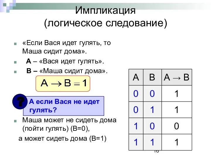 «Если Вася идет гулять, то Маша сидит дома». A – «Вася