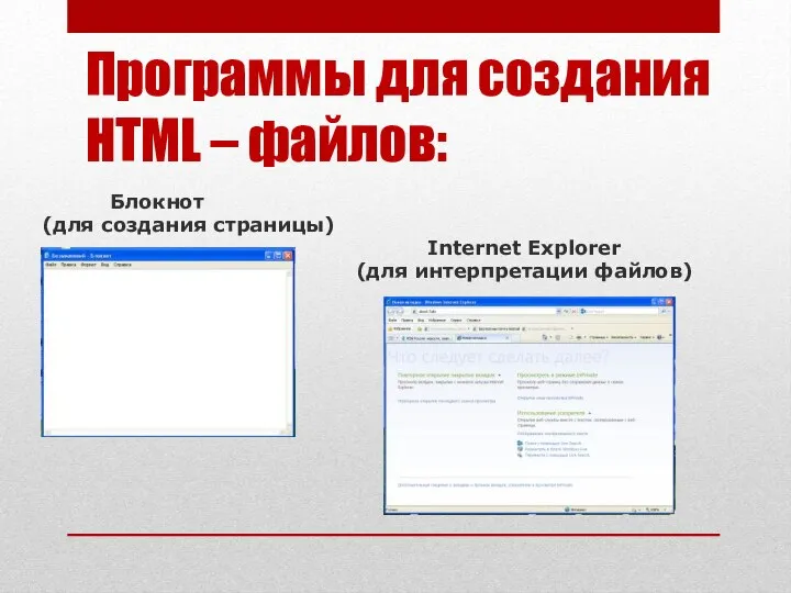 Блокнот (для создания страницы) Internet Explorer (для интерпретации файлов) Программы для создания HTML – файлов: