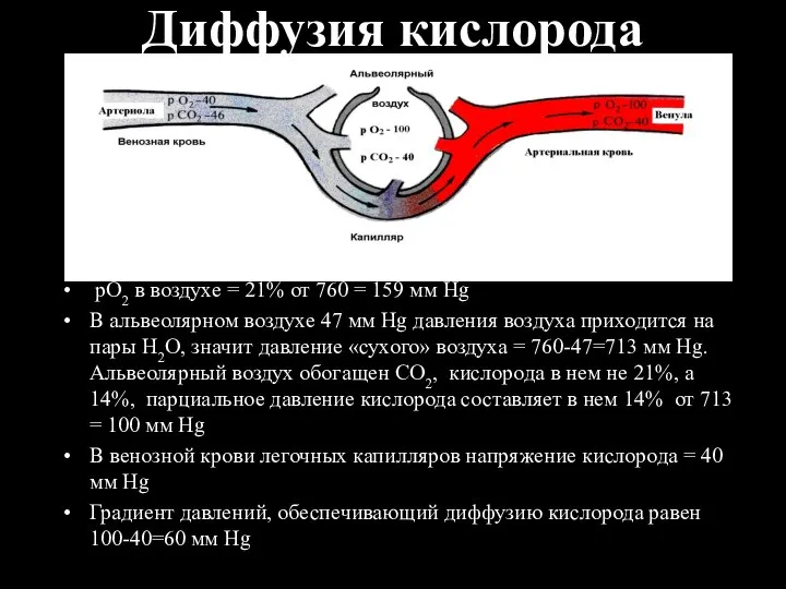 Диффузия кислорода рО2 в воздухе = 21% от 760 = 159