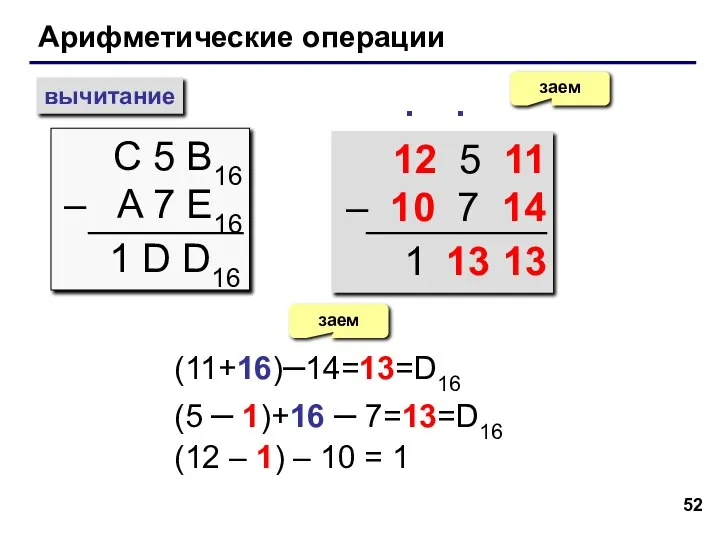 Арифметические операции вычитание С 5 B16 – A 7 E16 заем