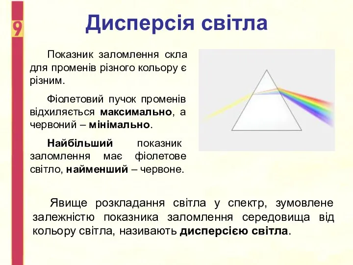 Дисперсія світла Показник заломлення скла для променів різного кольору є різним.