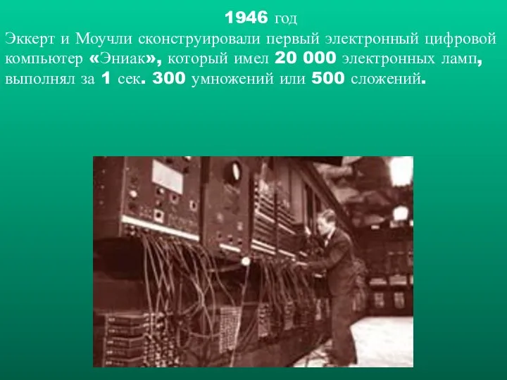 1946 год Эккерт и Моучли сконструировали первый электронный цифровой компьютер «Эниак»,