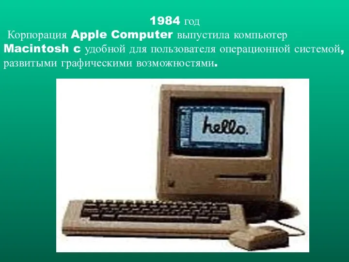 1984 год Корпорация Apple Computer выпустила компьютер Macintosh c удобной для