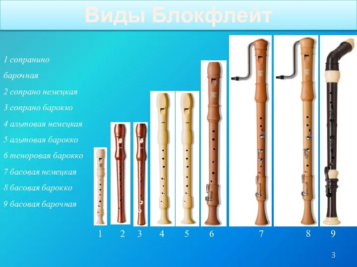 Виды Блокфлейт 1 сопранино барочная 2 сопрано немецкая 3 сопрано барокко