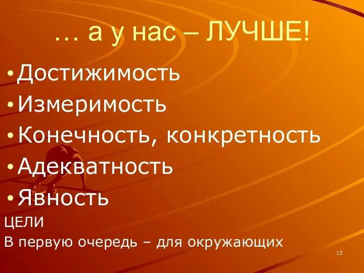 … а у нас – ЛУЧШЕ! Достижимость Измеримость Конечность, конкретность Адекватность