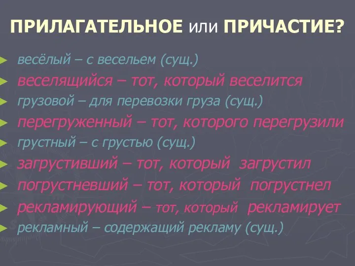 ПРИЛАГАТЕЛЬНОЕ или ПРИЧАСТИЕ? весёлый – с весельем (сущ.) веселящийся – тот,